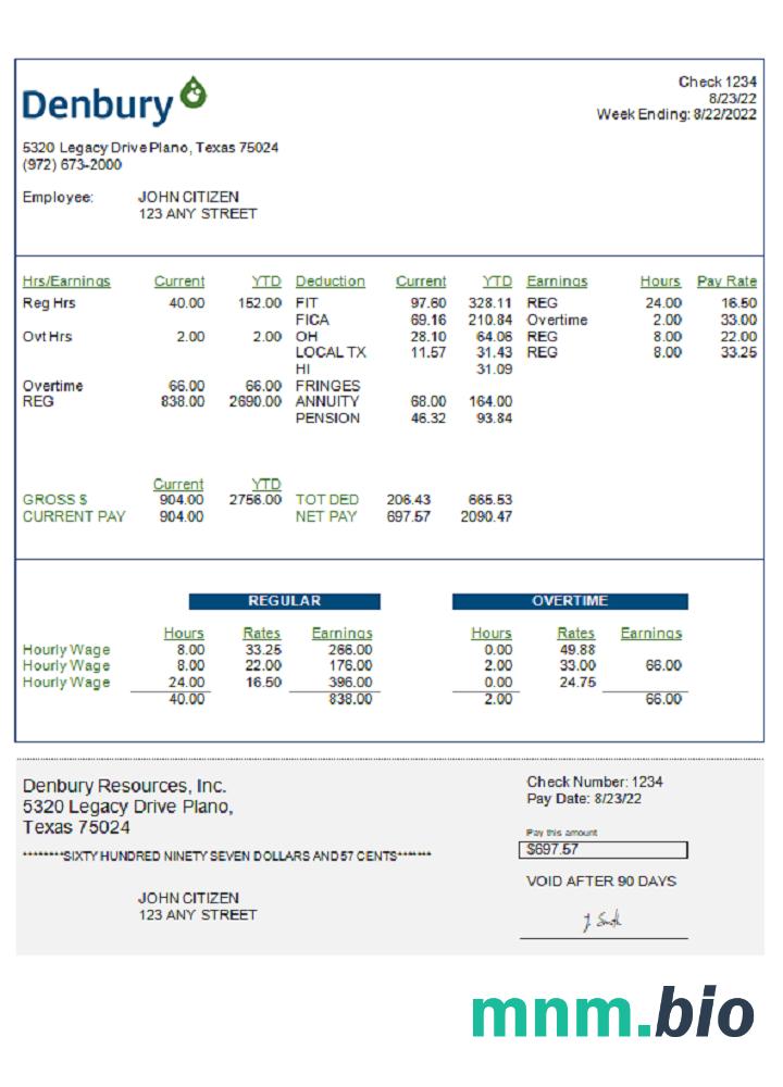 USA Denbury Resources Inc. Oil & gas company pay stub